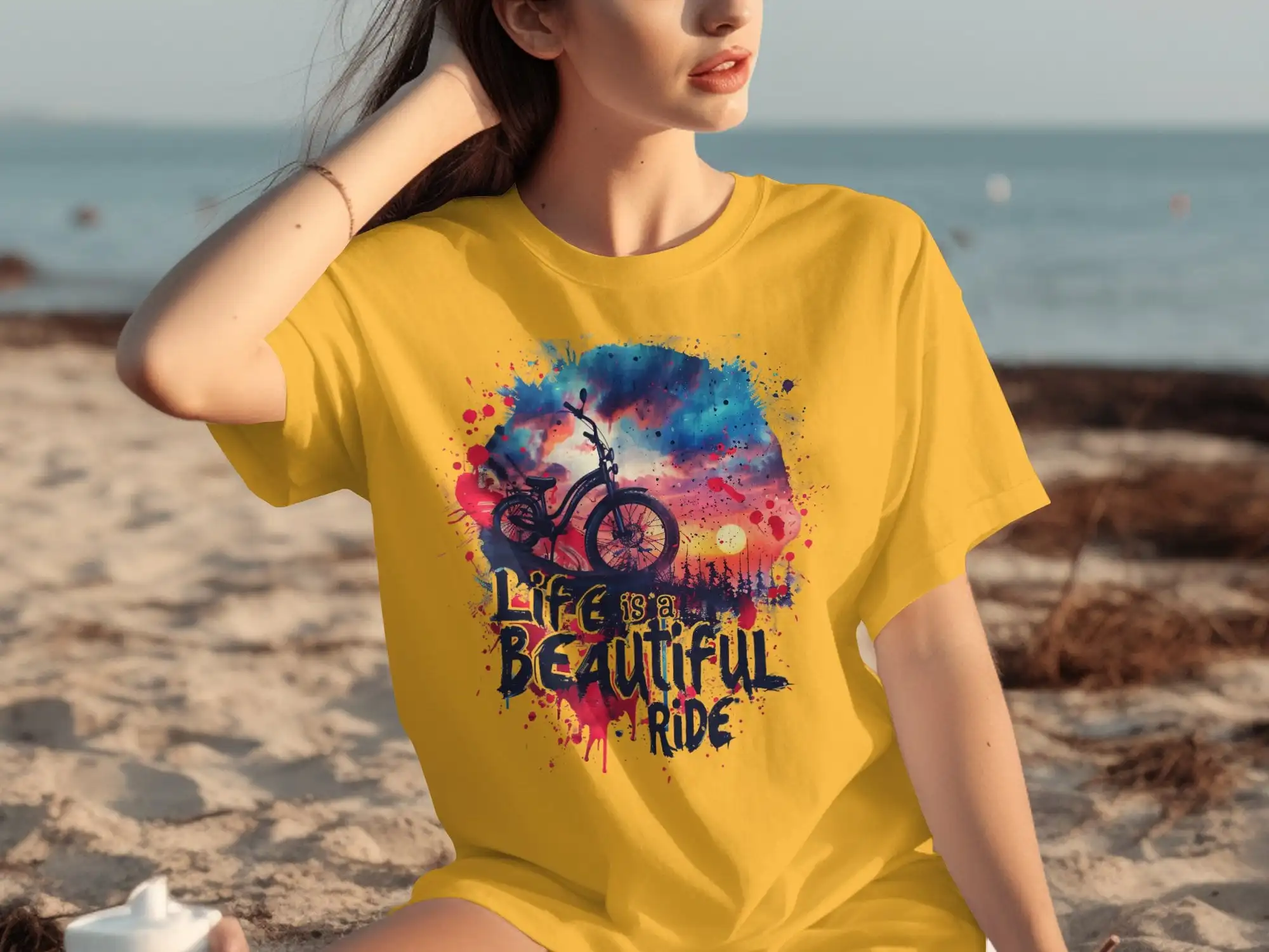 Bicycle Sunset Life Is A Beautiful Ride T Shirt Artistic Cyclist Vibrant Illustrative Design Outdoor Adventure