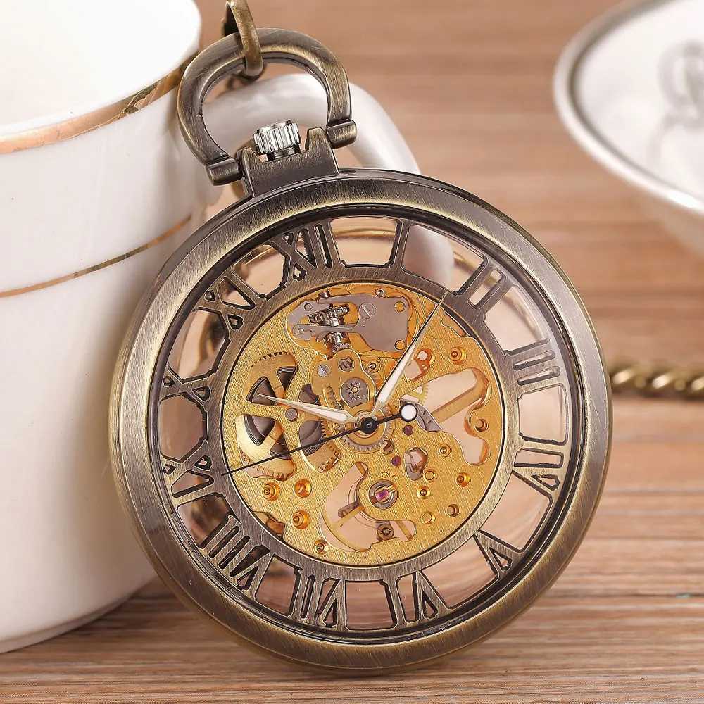 Mechanical Pocket Watch Pendent Chain Skeleton Transparent Hollow Metal Vintage Steampunk Fob Pocket Clock For Men