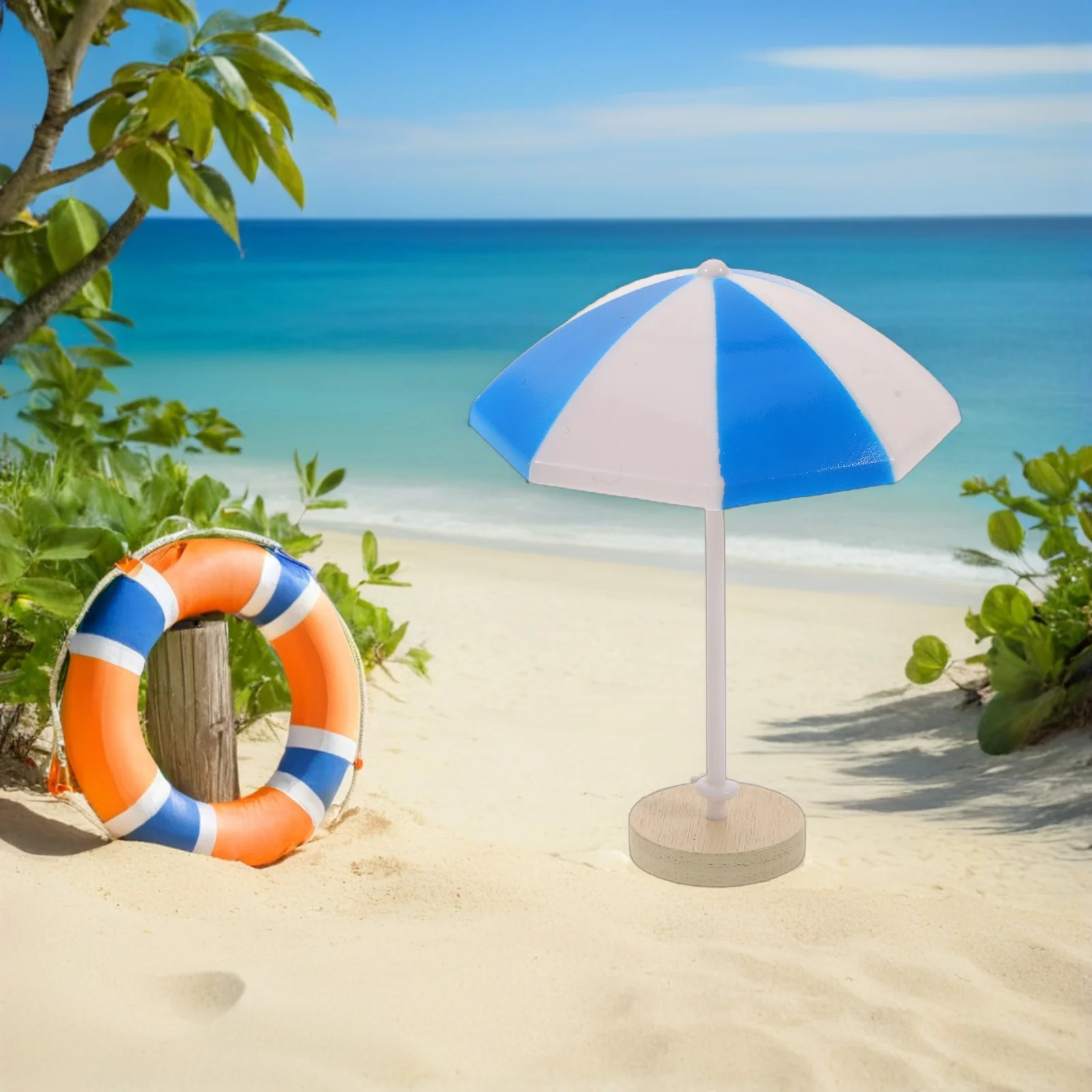 8 szt. Miniaturowe parasolki krajobrazowe, niebieskie plastikowe parasole plażowe, podstawa, mikro dekoracje krajobrazowe, dekoracja ogrodowa DIY