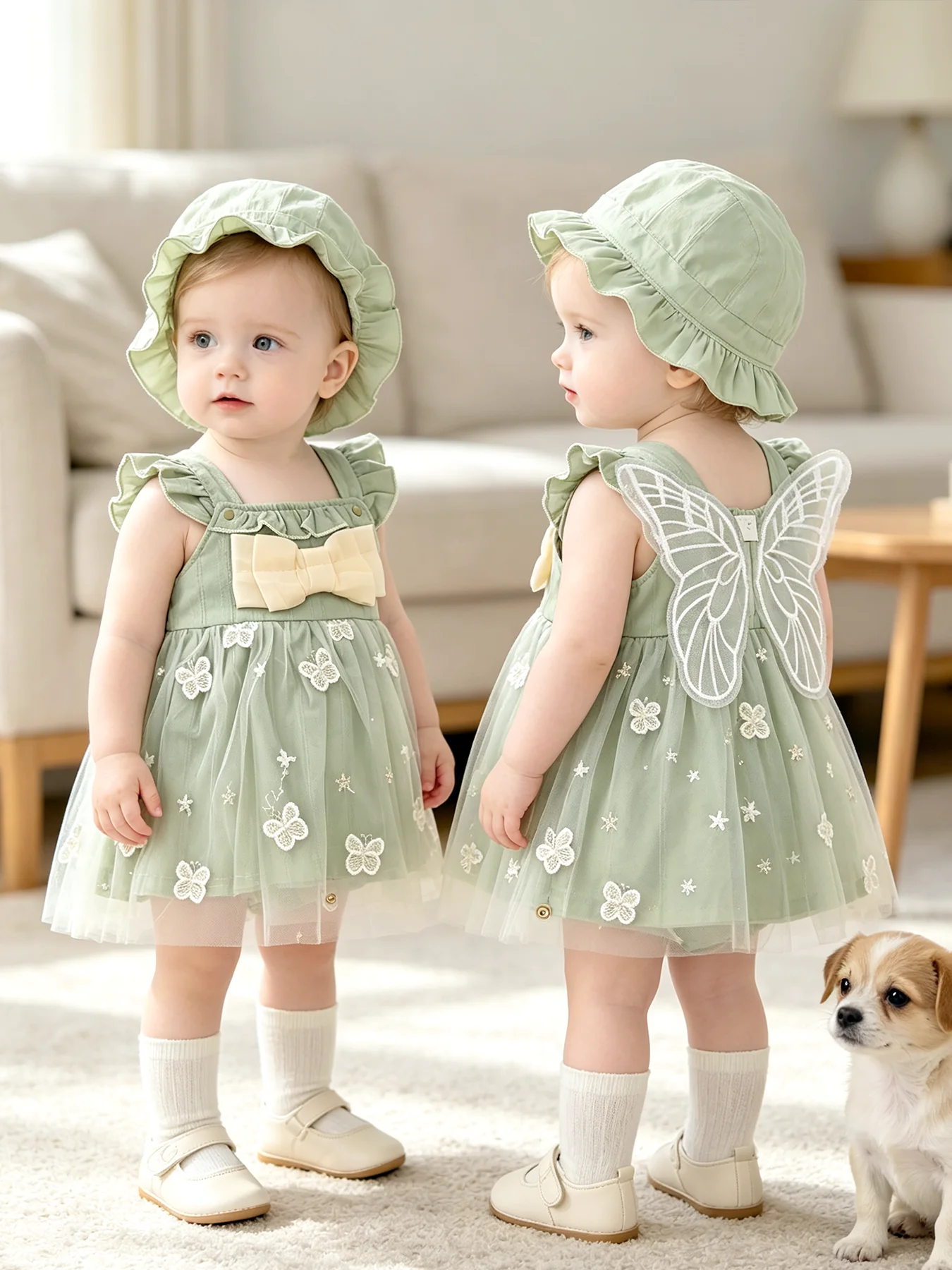 Baby-Mädchen-Kleid mit Schleife, grünen Flügelärmeln, Mesh, frisches Mädchen-Trägerkleid, Prinzessinnenkleid, zweiteiliges Set, Frühlings- und Sommerkleid – Detail 4