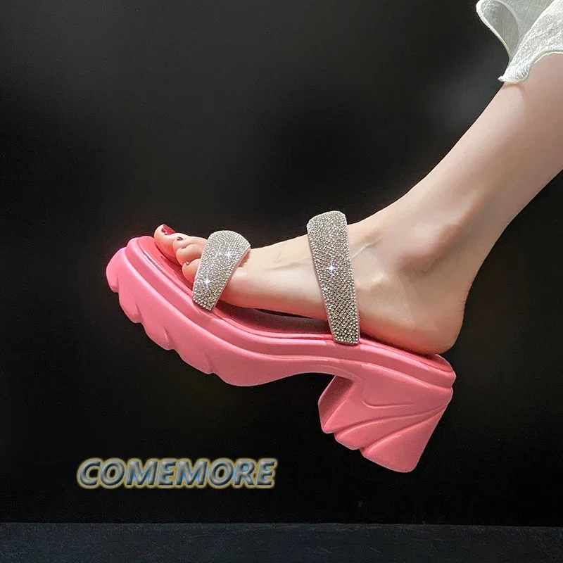 Summer 2024 New Platform Casual Sandals Roman Rhinestone High Heeled Slippers for Women‘s Shoes Round Head Anti Slip Flip Flops