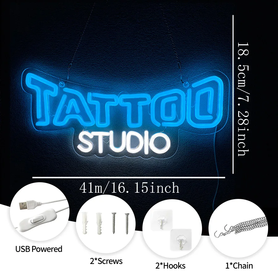 Tattoo Studio Neon Sign, Hand-Made Led Letter Lights, Usb Powered, Used For Tattoo Salons, Beer Bars, Garages, Man Caves Decor.