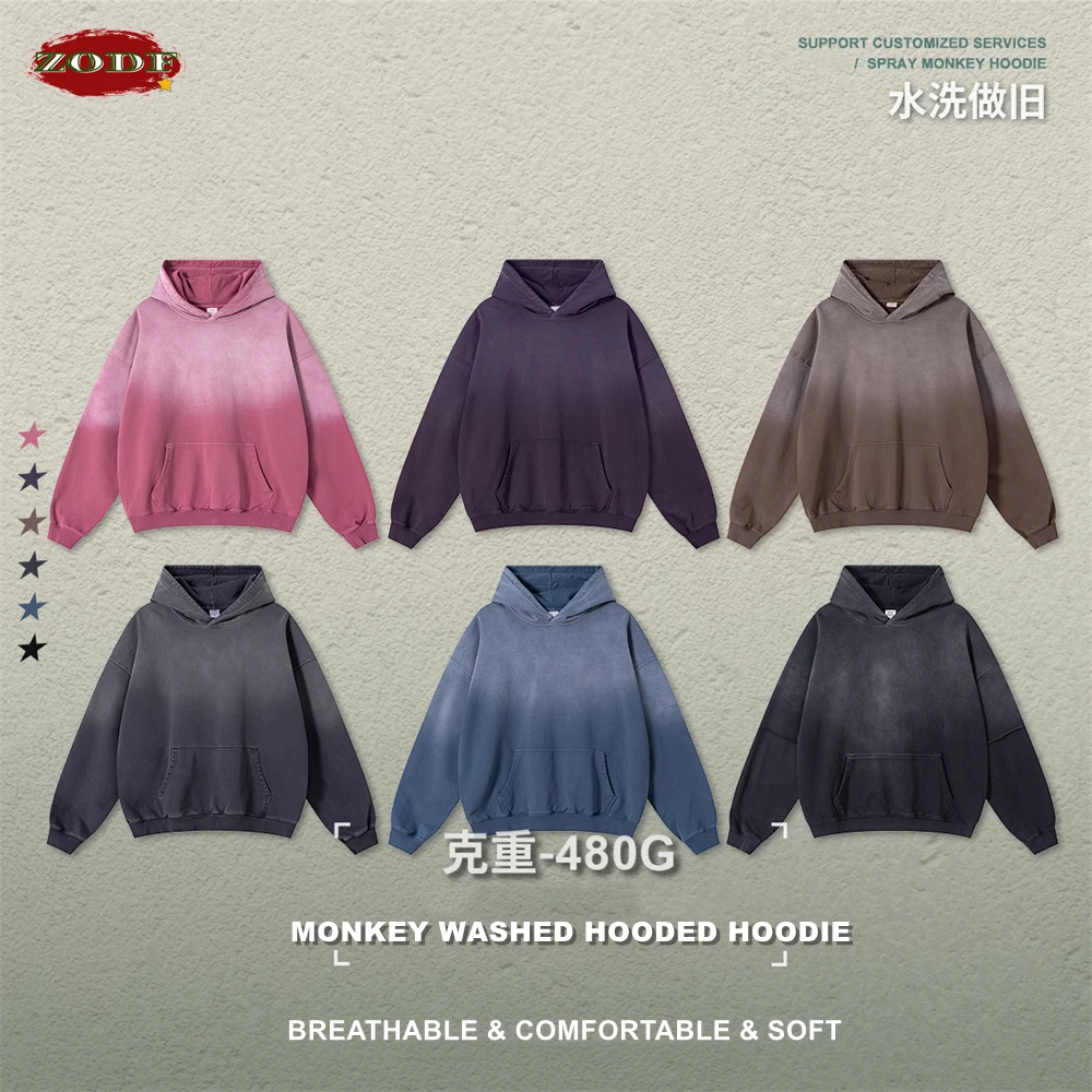 ZODF Vintage 480gsm Monkey Washed Gradient Cotton Hoodies For Man Unisex Retro High Street Distressed Hooded Pullovers  HY1147