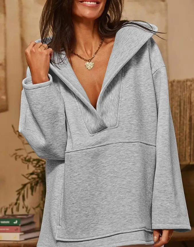 

Hooded V-Neck Long Sleeved Casual Pocket Design Loose Top Autumn Solid Color Fashionable Loose Hooded Long Sleeved Sweatshirt