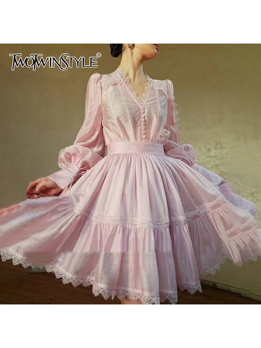 

TWOTWINSTYLE Sweet Patchwork Lace Two Piece Sets for Women V Neck Long Sleeve Blouse High A Line Skirt Solid Set Female Fashion