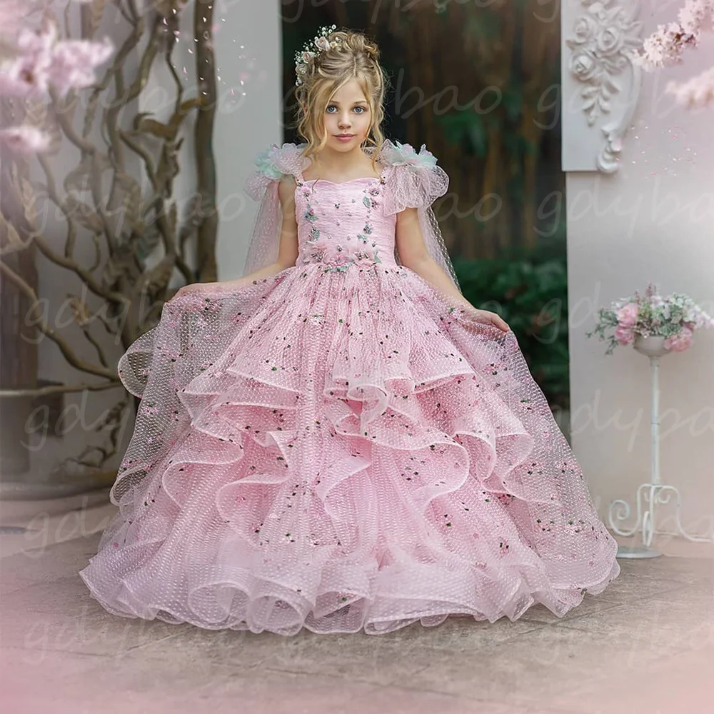 Pink Pearls Princess Flower Girl Dresses For Wedding Tulle Puffy Tiered Pageant Birthday Party For Gowns First Communion Dress