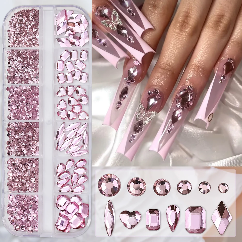 12 Gitter, luxuriöse rosa Diamanten, SS4-SS16, Nagel-Strasssteine und Liebesherz, quadratisch, Tropfenform, Nagelschmuck, Valentinstag-Nagelzubehör