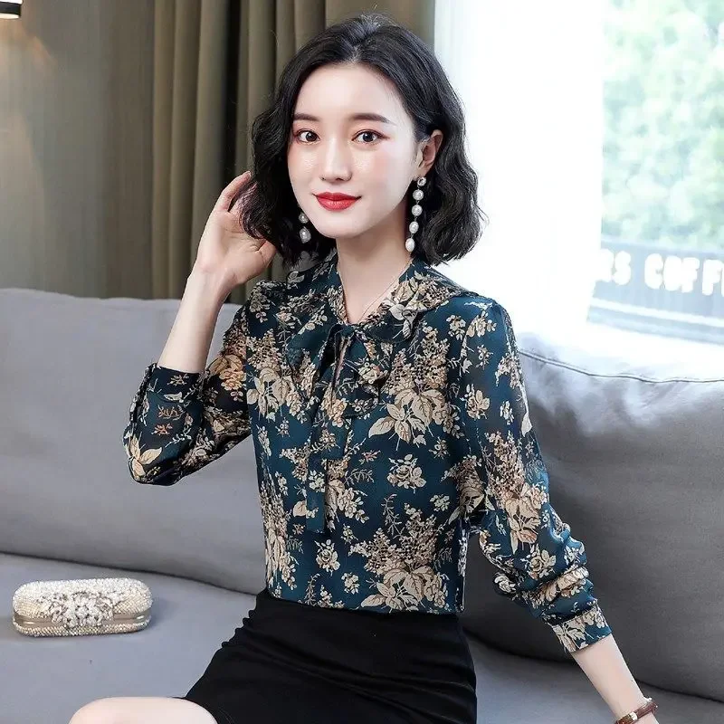 Floral Chiffon Blouse Spring Autumn New Long Sleeve Lacing Printing Plus Size Office Shirt Tops Vintage Elegant Women Clothing