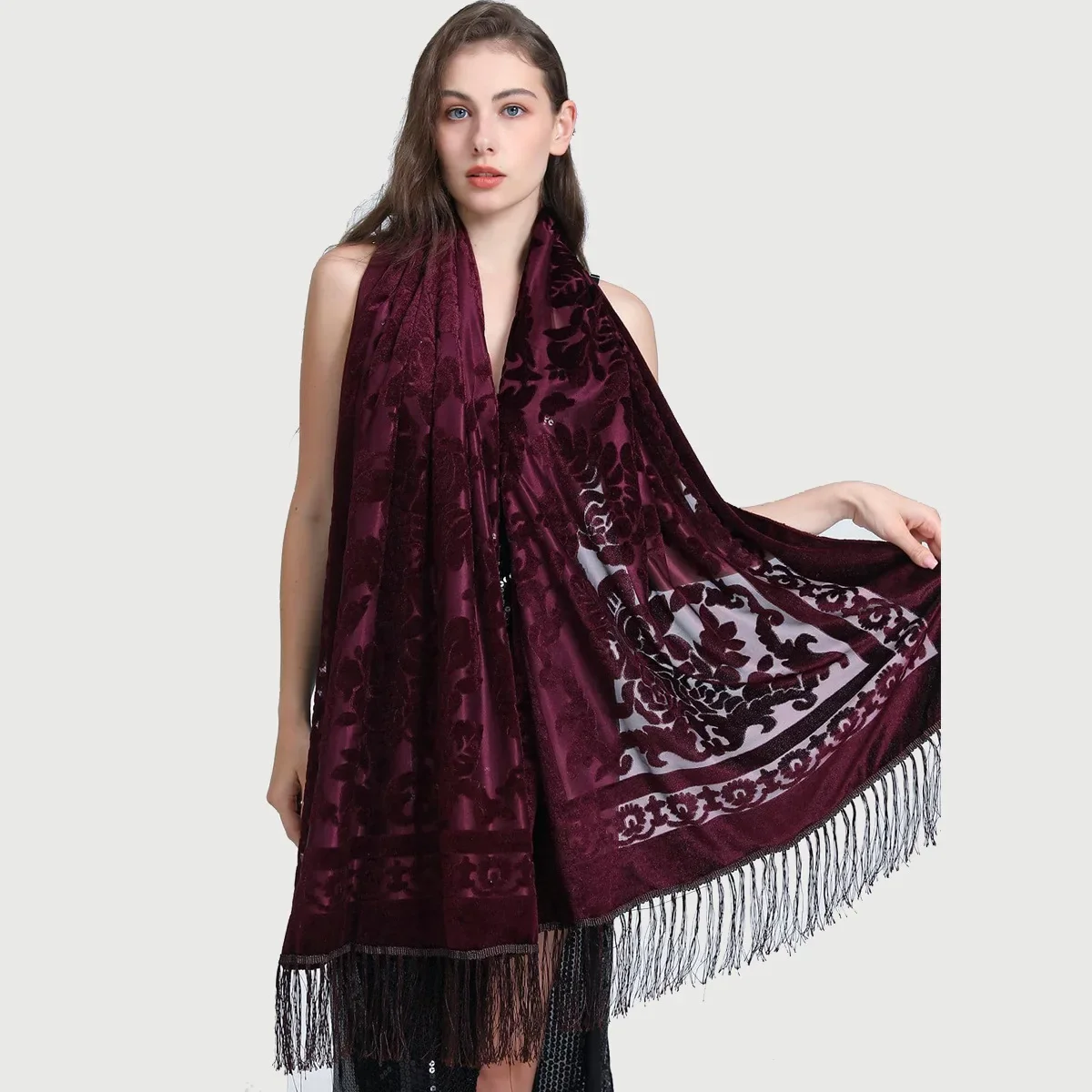 New Elegant Ethnic Style Velvet Chinese Dress Shawl Versatile Long Fringed Scarf Warm Air Conditioner Pashmina