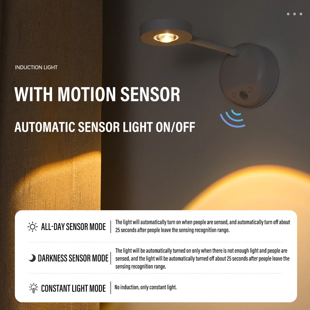 Applique da parete a LED con sensore di movimento luce da tramonto dimmerabile ricaricabile USB per camera da letto, vetrina, luce notturna per armadietto