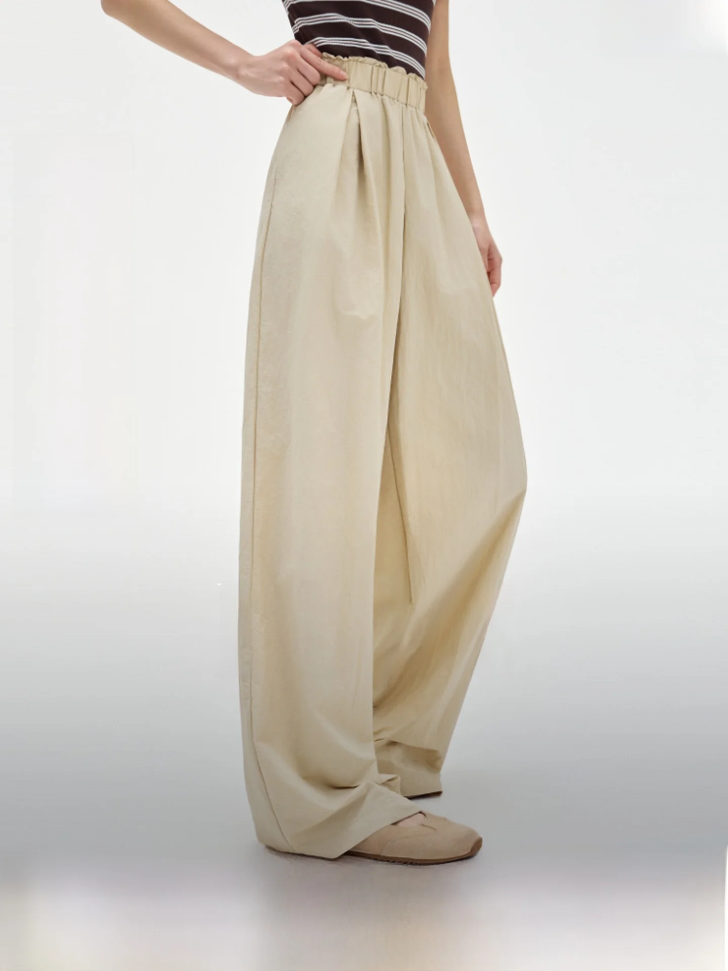 

ELLE Casual Loose Women's Commuter Pants Elastic Waist Wide Leg Summer New Style Simple Design Comfortable Nylon Fabric
