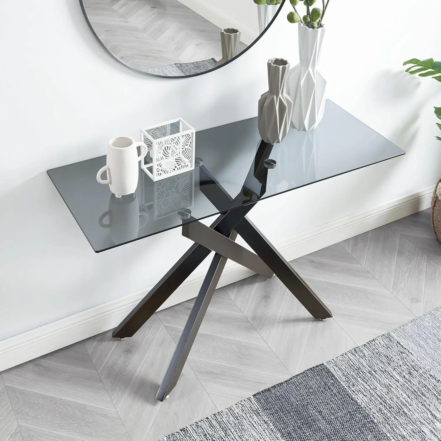 Mesa de console moderna de vidro preto com tampo temperado cinza e pernas de aro dourado, 45 x 18 x 30 polegadas