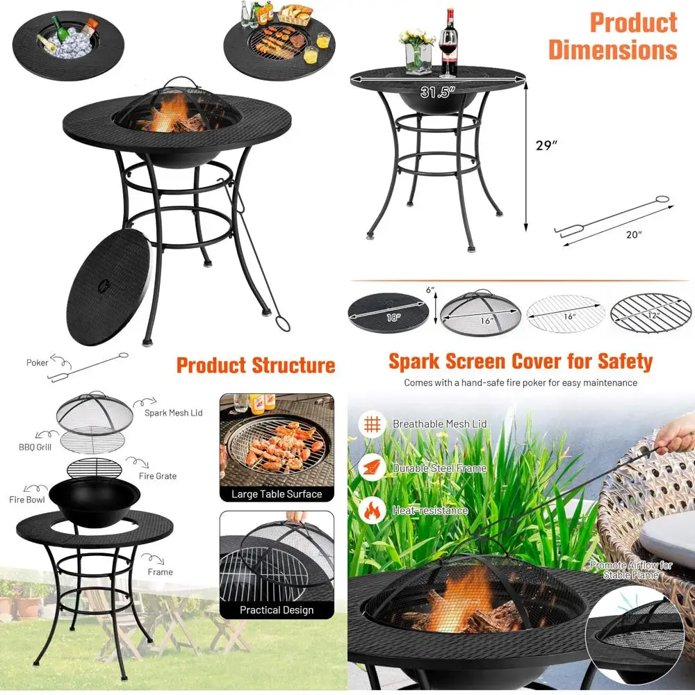 

Round Outdoor Fire Pit Dining Table, 32 Inch Wood Burning Patio Steel Firepit for BBQ, Bonfire, and Gatherings