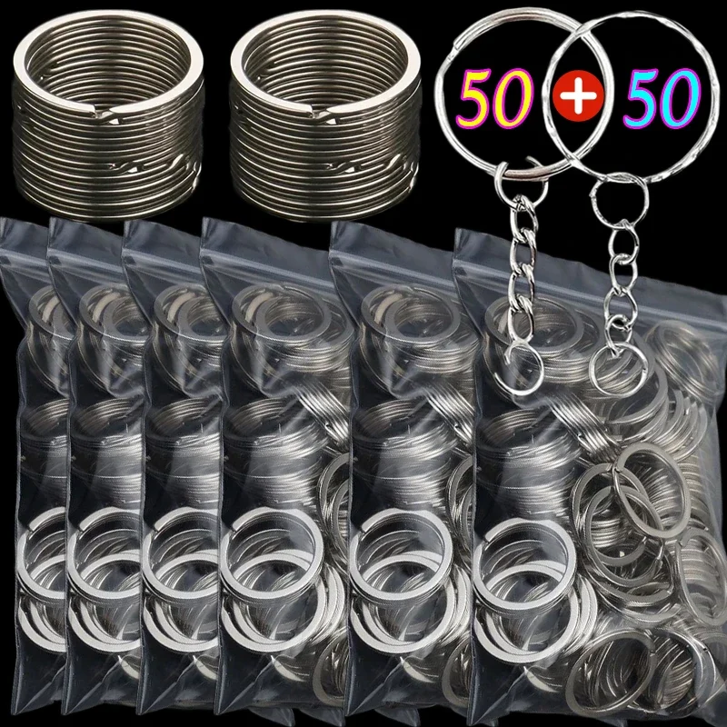 50pcs Stainless Steel Hole Flat Key Ring DIY Bag Pendant Buckles Making Polished Keychains Line Split Rings Jewelry Findings