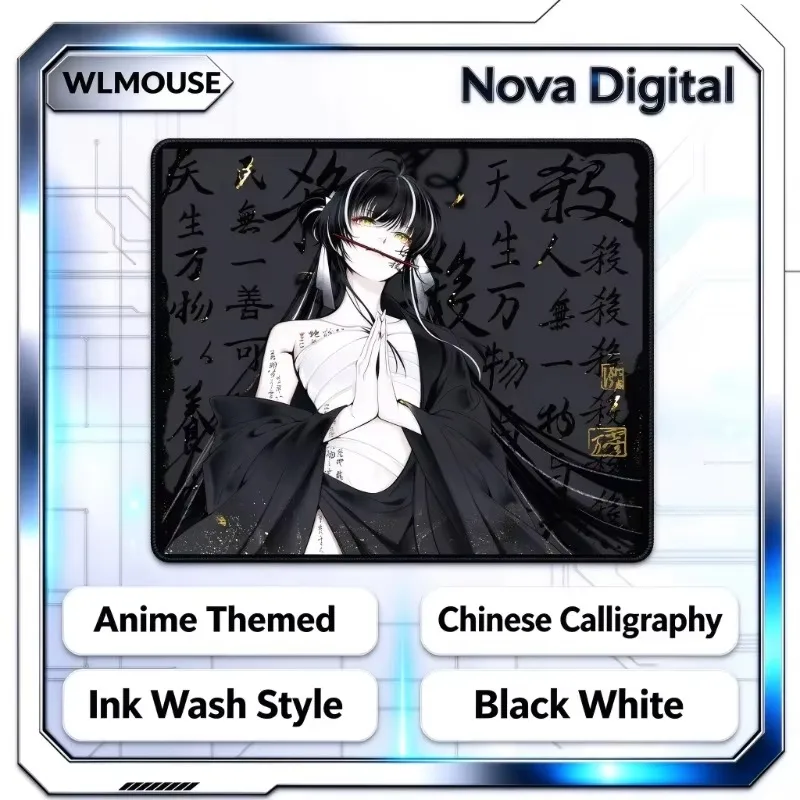 WLMOUSE QISHA Anime Themed Mouse Pad Ink Wash Chinese Calligraphy Black White For Gaming PC Laptop Mac Desktop Office Home