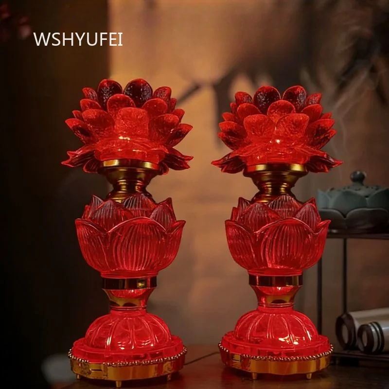 Plug‑in Type Glass Lotus Buddha Lamp LED Worship Offering Lamp Buddhist Decoration For Home Altar Shrine Temple Prayer Supplies