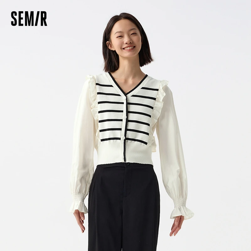 Semir Knitted Sweater Women Short Patchwork Faux Two-piece Ruffled Trim Spring Elegant V-neck Striped Top for Commuting