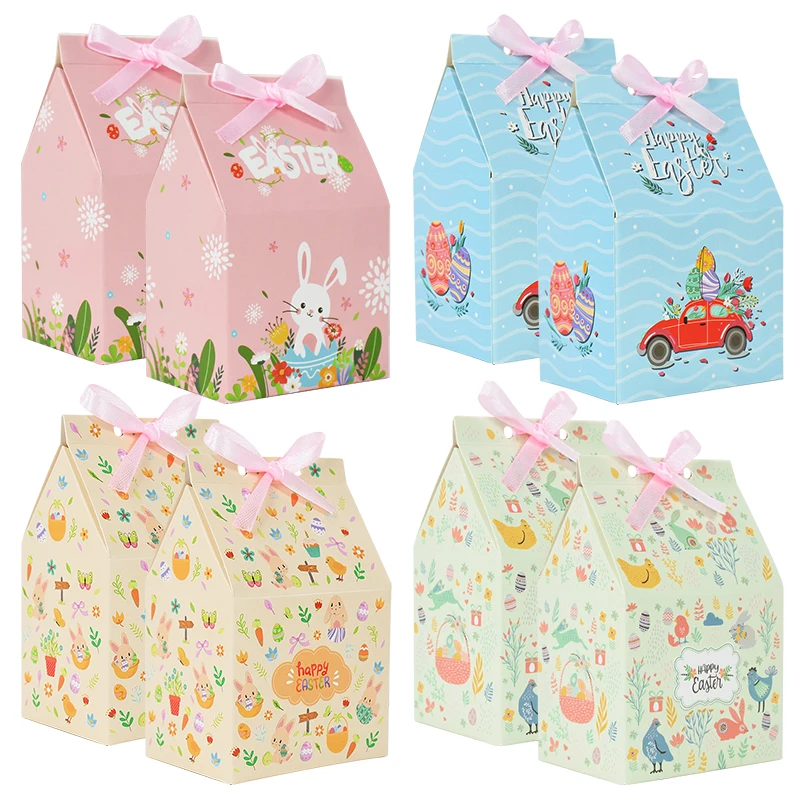 12 stücke Haus Form Ostern Geschenk Box Cartoon Kaninchen Ei Süßigkeiten Cookie Verpackung Box Frohe Ostern Party Dekoration Lieferungen mit band