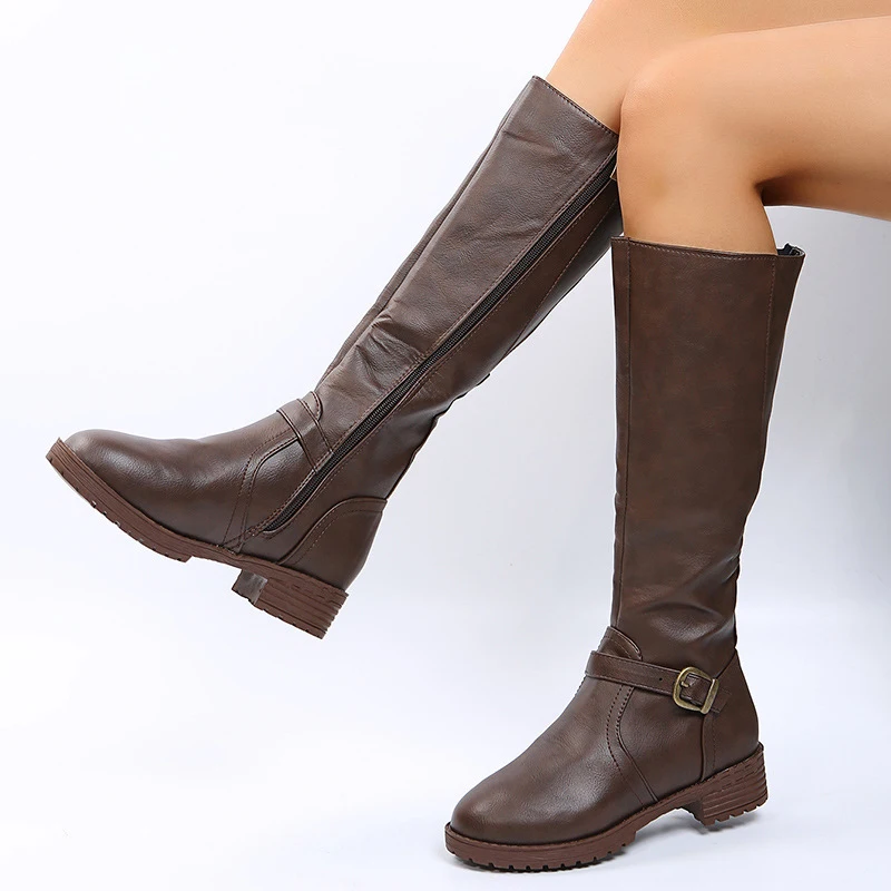 Vintage Brown Women Knee High Boots Big Size Low Heels Platform Long Boots Autumn Winter Pu Leather Zip Women Warm Booties