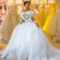 Customized Lace Long Sleeves Princess Plus Size Ball Gown Wedding Dresses Illusion Scoop Beaded Lace Up Back Bridal Gowns