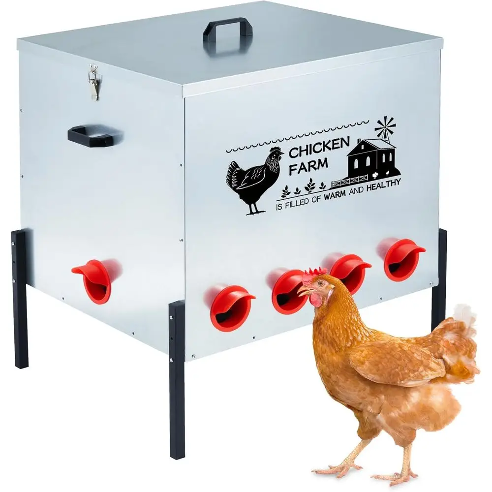 

Automatic Box 100 lbs, 10 eeding Ports, No Waste Poultry eeder with Locking Lid and Adjustable Legs or Chickens, Ducks, Geese Ga