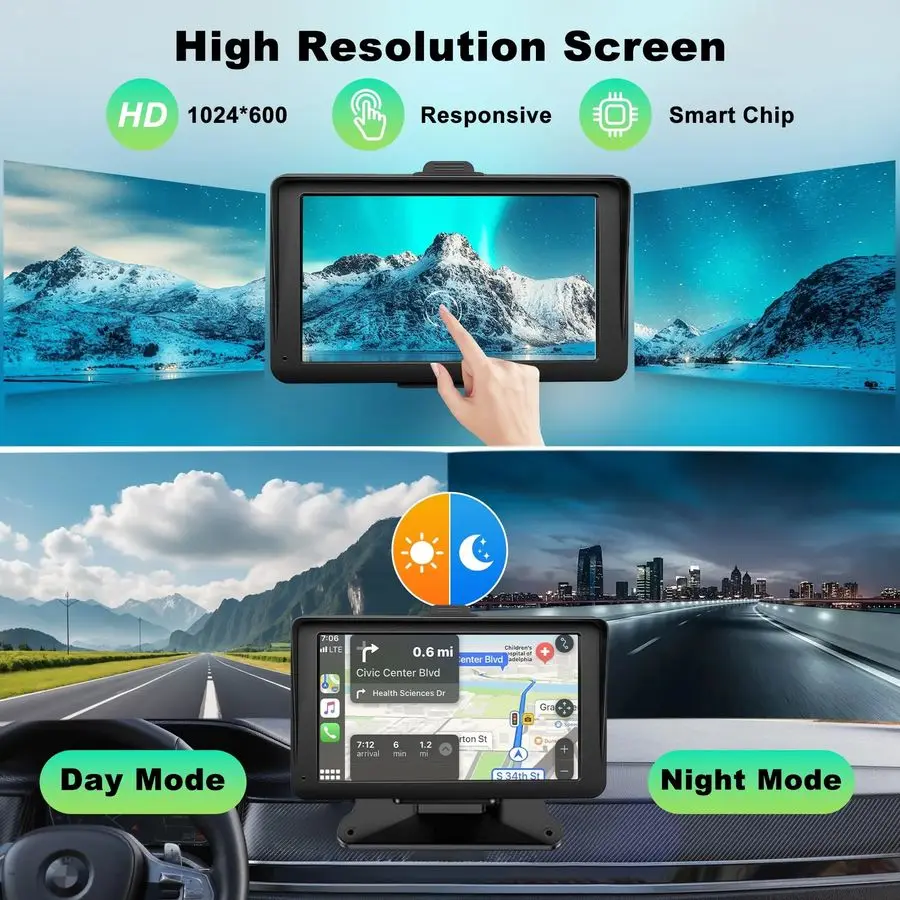شاشة Carplay للسيارة، 7 HD محمولة لاسلكية Apple Carplay amp Android Auto Touchscreen، مع كاميرا احتياطية 1080P، Car Play Sc