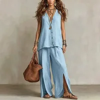 Summer Lazy Style Suit Women's Solid Color Sleeveless V-neck Top Split Draped Wide Leg Pants Two-piece Set for Seaside Holiday - Image 3