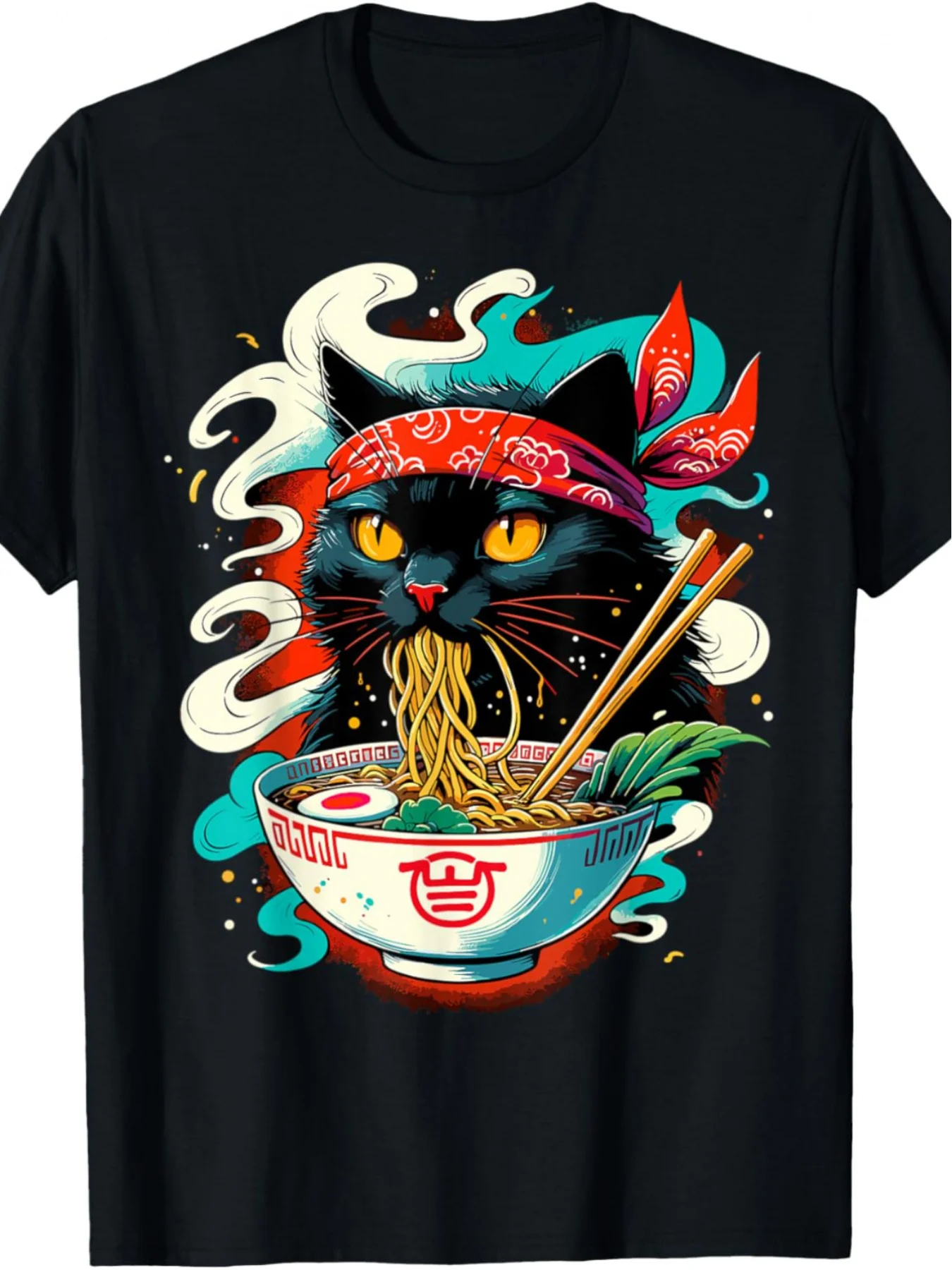 Cat Ramen Japanese Animation Cute Cat T-shirt, Men's Fashion Trend Crew Neck Casual Letter Printed T-shirt, Soft Touch T-shirt