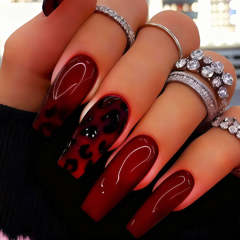 Medium fake nails tips for women girls gradient purple blue green red black leopard printing Square almond tips press on nails