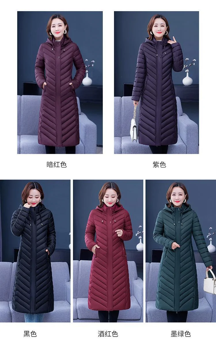 NEW Middle-aged Womens Down Cotton Coat Winter Long Warm Quilted Cotton Jacket Female Casual Hooded Parka Overcoat Purple 5XL