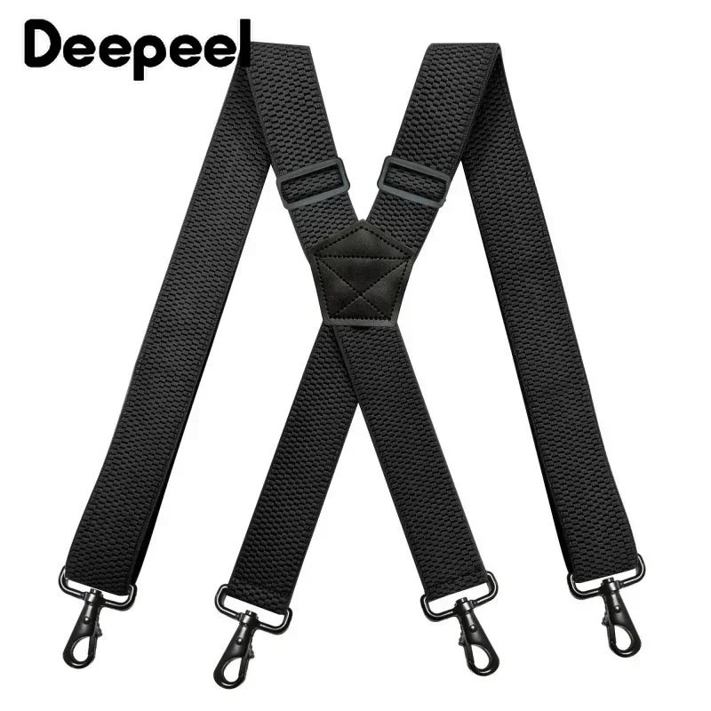 Deepeel 3.8cm Wide Men‘s Elastic Suspenders Black X-Shaped Adjustable Stretch Back Braces with 4 Clip Plastic Connect Clasps