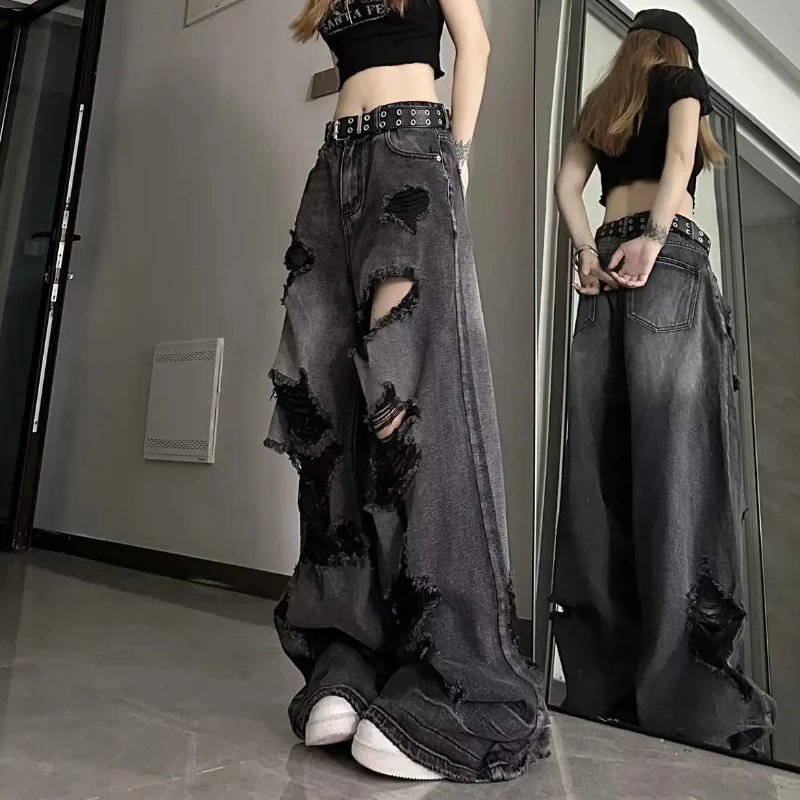 

High Street винтажные широкие свободные прямые брюки мужские корейские летние модные персонализированные крутые рваные джинсы женские