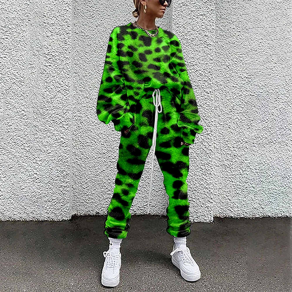 

SOJINM Women Tracksuit Leopard Spotted Print 2 Piece Outfit Sweatshirt+Straight Sweatpants Matching Fitness Sporty 5XL