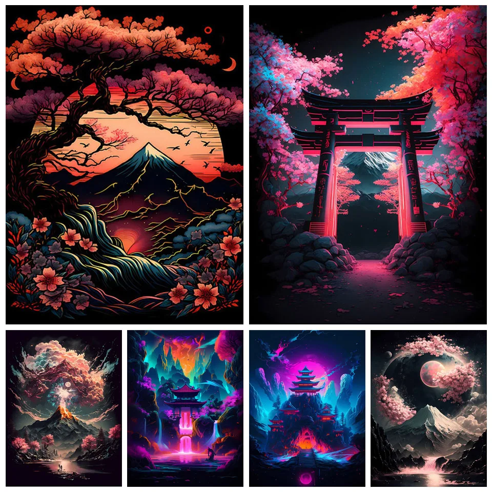 Diamond Painting Japanese Landscape Cherry Blossom Mount Fuji Full Diamond Mosaic Rhinestone Embroidery Cross Stitch Decor GG710