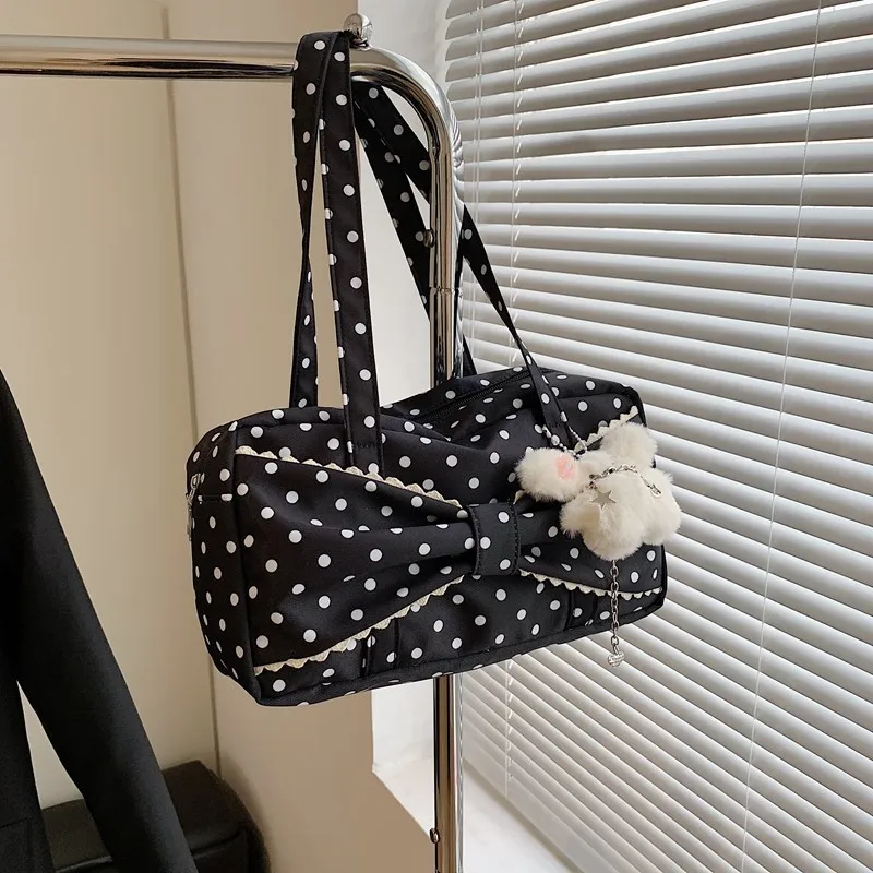 

Kawaii Korean Style Black White Polka Dot Large Capacity Shoulder Bag Casual Versatile Travel Handbag Tote Purse Women Daily