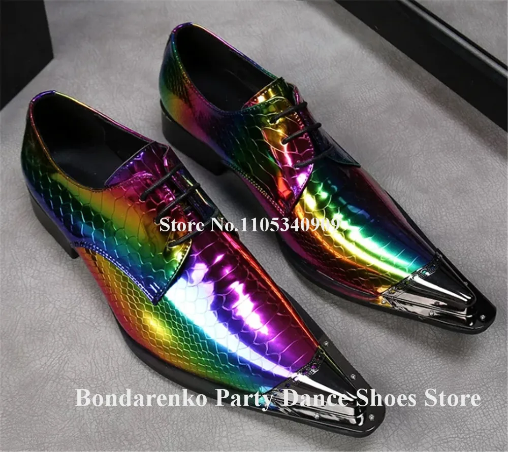 Bondarenko Men Shining Mixed-colors Flat Leather Shoes Pointed Metal Toe Lace-up Low Heel Dance Shoes Men Dress Shoes