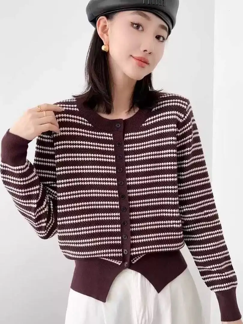 

Retro Striped Single Button Knit Sweater Cardigan Women's Autumn Winter New Sle Faionable Versatile Knitted Outerwear