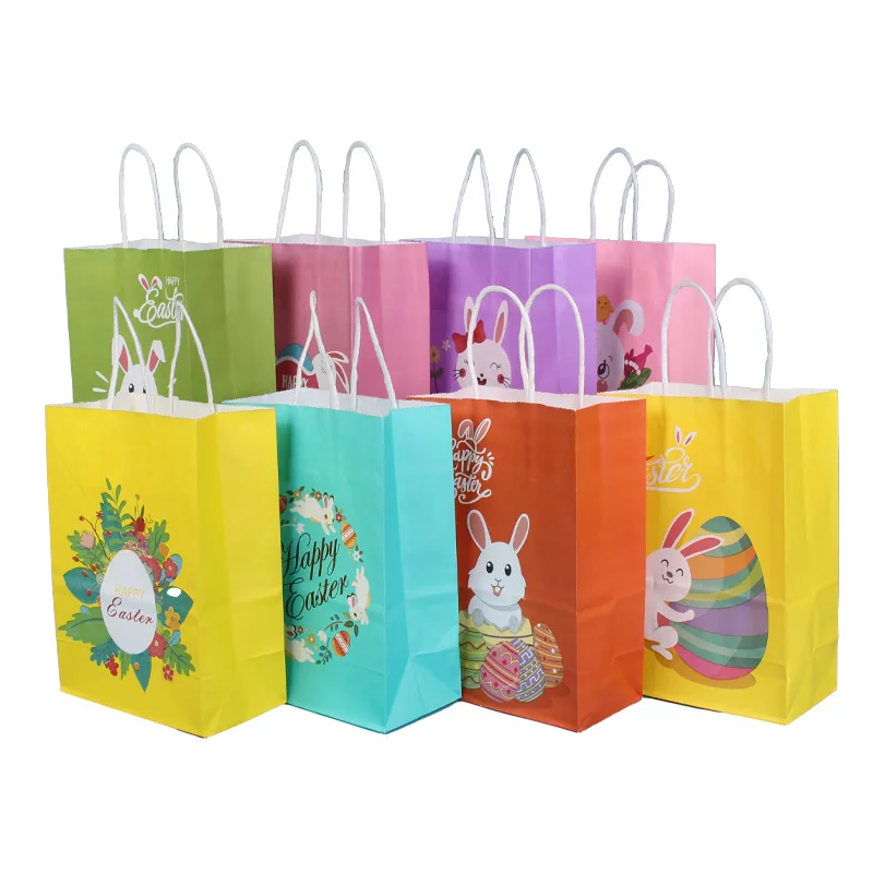 4/8/16pcs Easter Goodie Bags with Handles Bunny Rabbit Easter Egg Paper Gift Bags Baby Shower Spring Happy Easter Party Decor