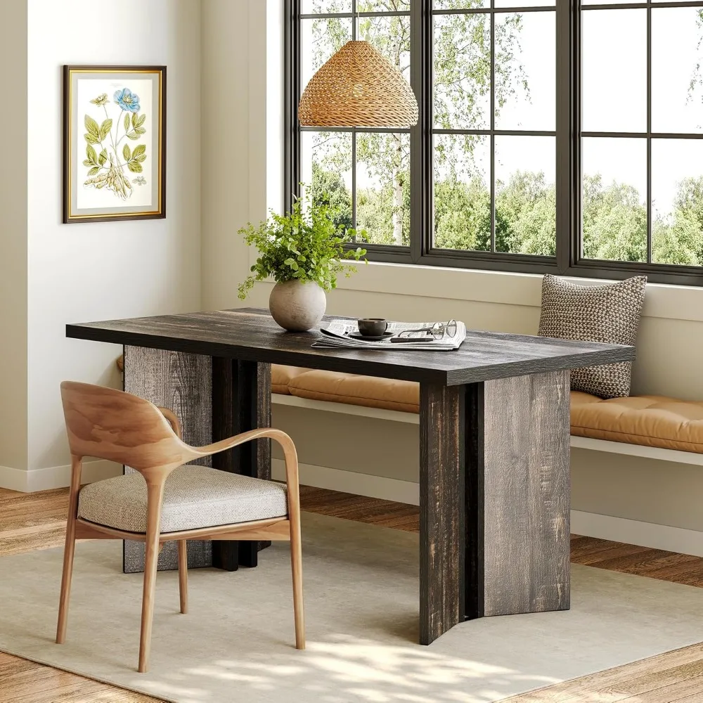 Wooden Dining Table Set for 6, 63-Inch Rectangle Kitchen Table, Modern Dinner Table for Home Dining Room, Kitchen Room,Dark Gre