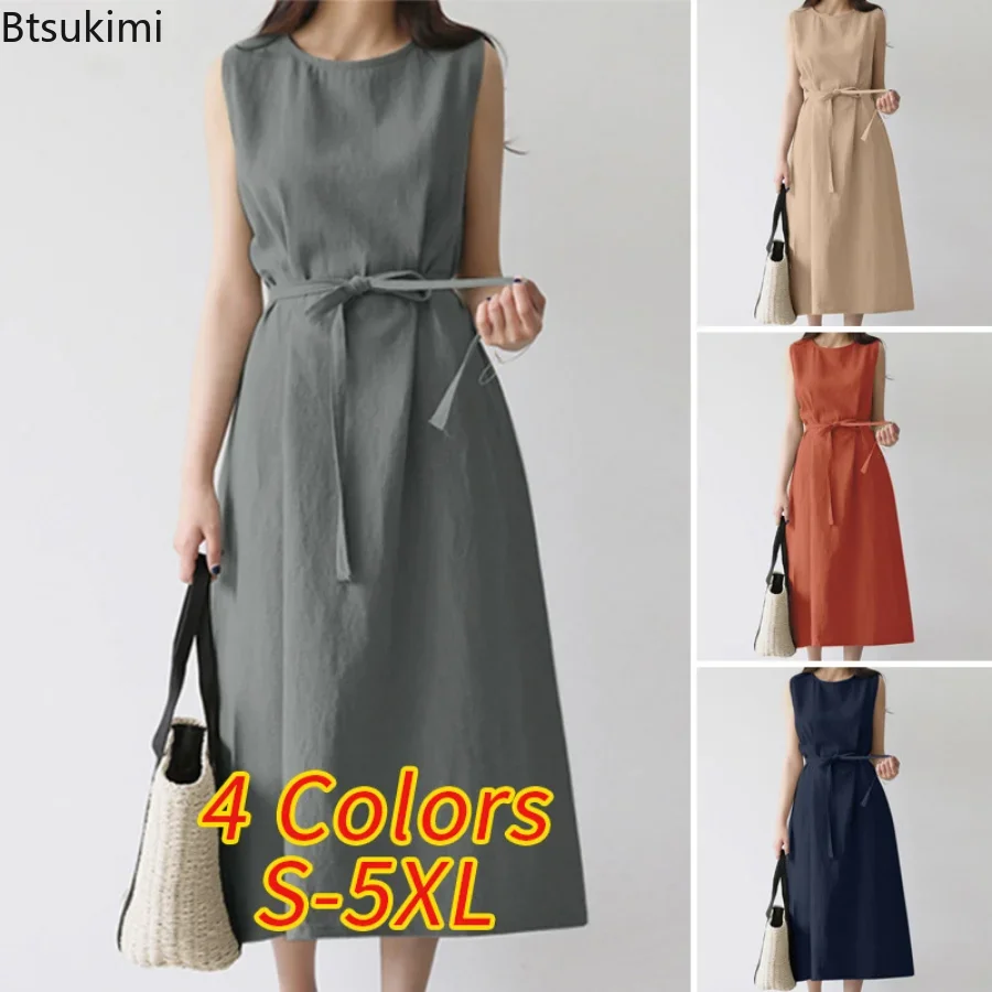 2024 Women's Summer Elegant Long Dress Solid Sleeveless O-Neck Beach Holiday Dress Female Cotton and Linen Oversized Dress 5XL