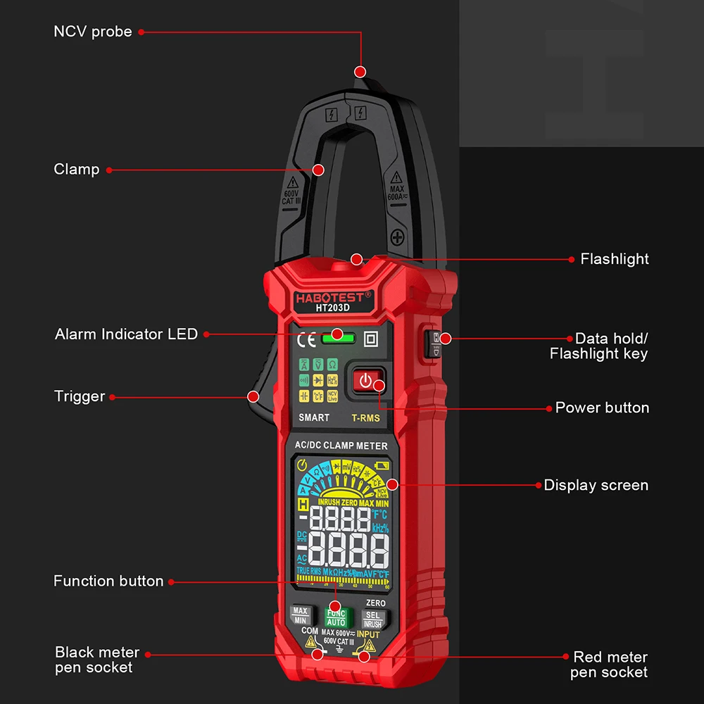 HABOTEST 디지털 클램프 계량기 멀티미터, AC 전류 및 600A AC/DC 전압 테스터, 앰프 연속성 Hz 테스터 전압기, HT203D