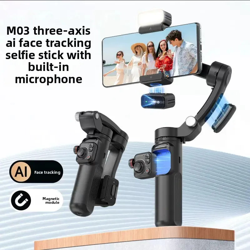Three-axis mobile phone gimbal stabilizer, handheld anti-shake AI intelligent face tracking, with collar clip mic M03