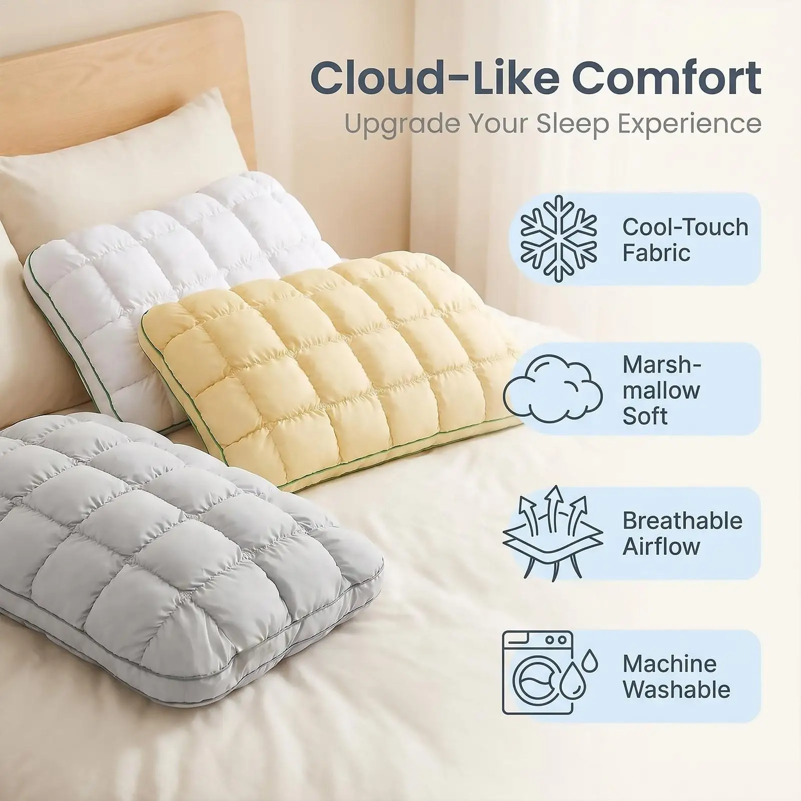 Puff Pillow Soft Cloud Sleeping Bed Pillow Breathable Microfiber Fill Cooling Sleep Support for Side Back Stomach Sleeper Neck