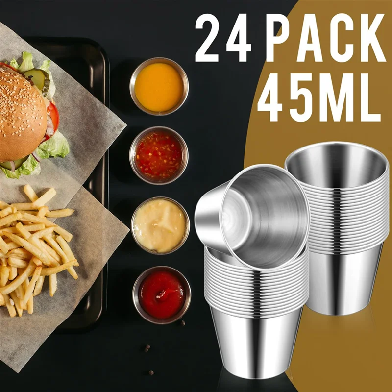 Wielorazowe miski ze stali nierdzewnej o pojemności 1,5 uncji, 24 szt. Metalowe kubeczki do sosów, miseczki na przyprawy, okrągłe pojemniki-AS97