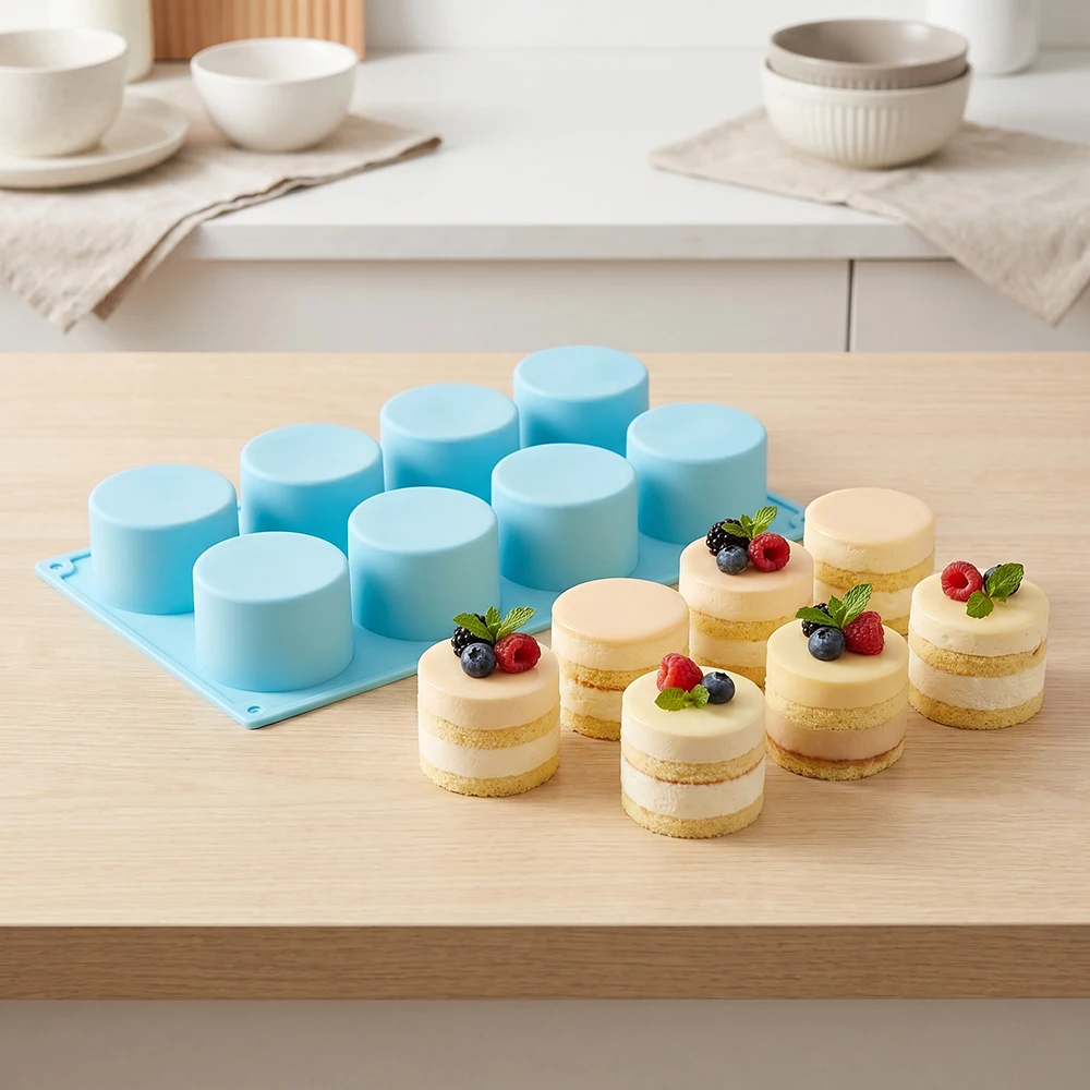 8-hole cylindrical silicone mold for baking mousse cakes, 3D silicone baking mold for baking cakes, French desserts, pastries, c