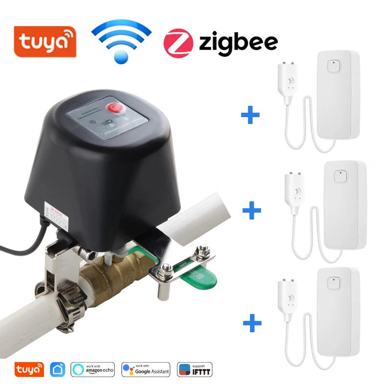 

Tuya Zigbee WiFi Water Valve Gas Shutoff Controller 3pcs Water Leakage Sensor Control Smart Life Support Alexa Google Assistant