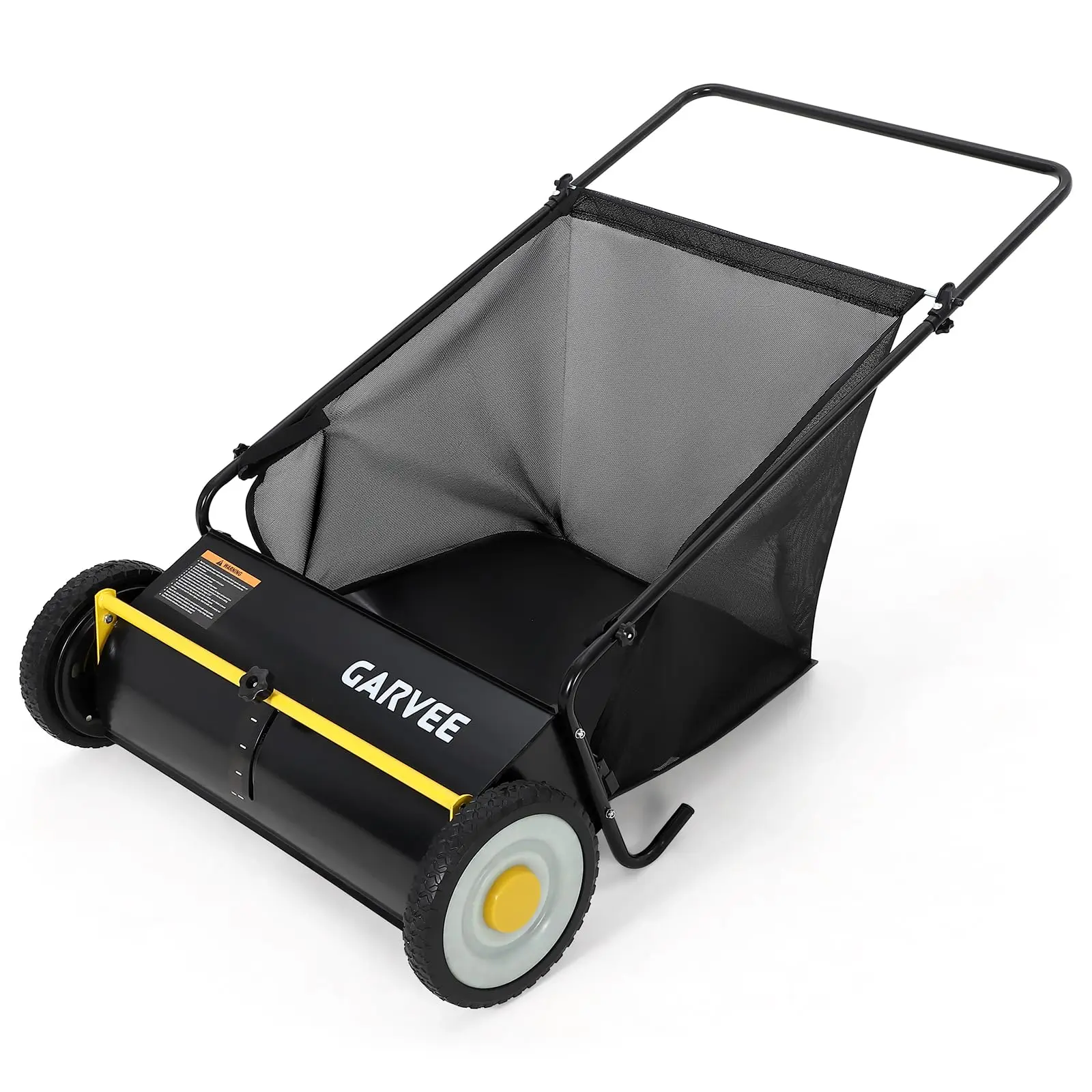 26 Inch Push Lawn Sweeper, Leaf and Grass Collector with 7 Cu.ft Mesh Bag, 4 Spinning PP Brushes, Durable Steel Construction, Adjustable Height & Rubber Tires for Yard Cleanup