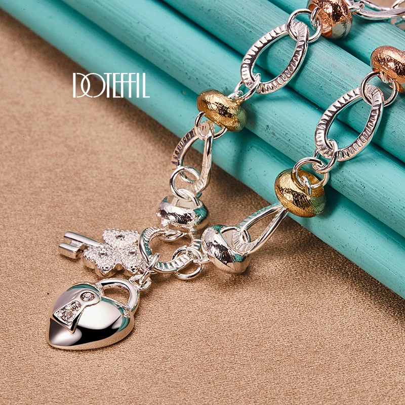 DOTEFFIL 925 Sterling Silver Heart Lock Key Pendant Necklace For Man Women Fashion Wedding Charm Party Charm Jewelry