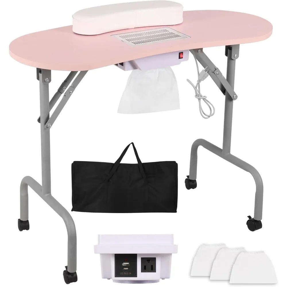 Portable Manicure Table with Charging Station & Dust Collector, Foldable Nail Tech Table with Wrist Pad 4 Lockable Wheels