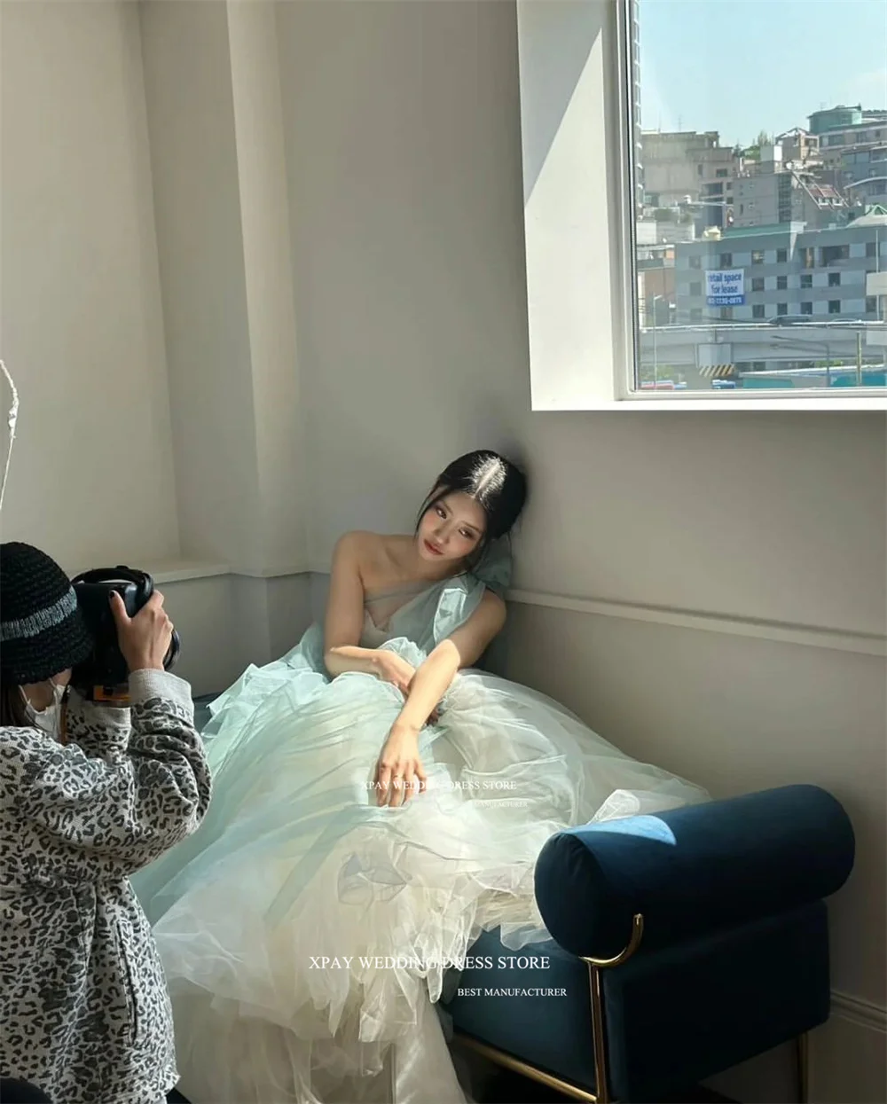 XPAY Sweetheart Sky Blue Korea A Line Evening Dresses One Shoulder Fairy Tulle Formal Party Prom Gown For Wedding Photos Shoot